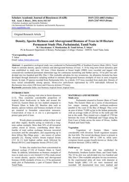 Density, Species Richness and Aboveground Biomass of Trees in 10 Hectare Permanent Study Plot, Pachaimalai, Tamil Nadu M