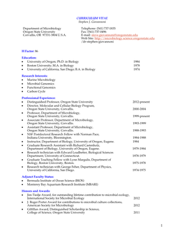 CURRICULUM VITAE Stephen J. Giovannoni Department of Microbiology Oregon State University Corvallis, OR 97331-3804 U.S.A. Telep