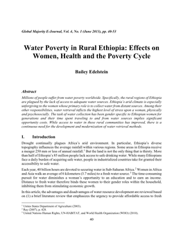 Water Poverty in Rural Ethiopia: Effects on Women, Health and the Poverty Cycle