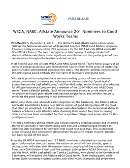 WBCA, NABC, Allstate Announce 201 Nominees to Good Works Teams
