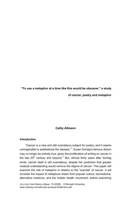 A Study of Cancer, Poetry and Metaphor Cathy Altmann