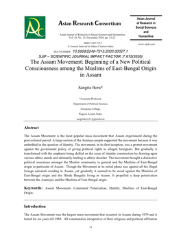 The Assam Movement: Beginning of a New Political Consciousness Among the Muslims of East-Bengal Origin in Assam