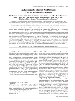 Neutralising Antibodies for West Nile Virus in Horses from Brazilian Pantanal