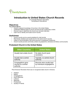 Introduction to United States Church Records U.S./Canada Research Specialists Familysearch International