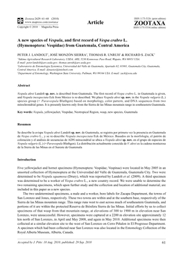 Zootaxa, a New Species of Vespula, and First Record of Vespa Crabro L