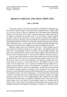Riemai{N Surfaces and Small Point Sets