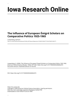 The Influence of European Émigré Scholars on Comparative Politics 1925-1965