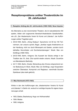 Rezeptionsprobleme Antiker Theaterstücke Im 20. Jahrhundert