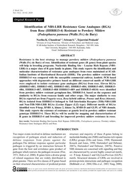 Identification of NBS-LRR Resistance Gene Analogues (RGA) from Rose (IIHRR13-4) Resistant to Powdery Mildew (Podosphaera Pannosa (Wallr.:Fr.) De Bary) Neethu K