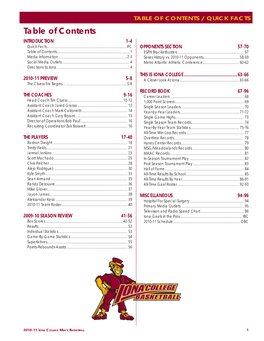 TABLE of CONTENTS / QUICK FACTS Table of Contents INTRODUCTION 1-4 Quick Facts