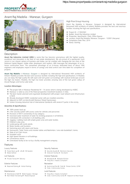 Anant Raj Madelia - Manesar, Gurgaon High Rise Group Housing Anant Raj Madelia in Manesar, Gurgaon Is Designed by International Renowned HKR Architects of Ireland