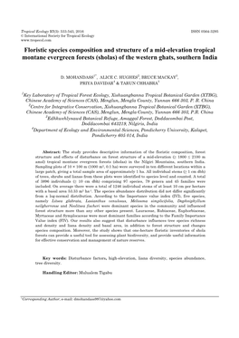 Floristic Species Composition and Structure of a Mid-Elevation Tropical Montane Evergreen Forests (Sholas) of the Western Ghats, Southern India