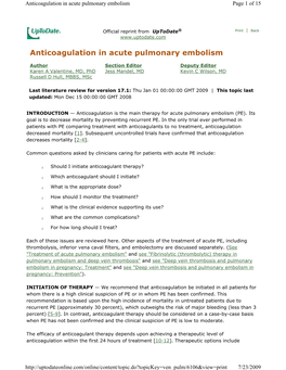 Anticoagulation in Acute Pulmonary Embolism Page 1 of 15