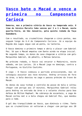 Vasco Bate O Macaé E Vence a Primeira No Campeonato Carioca