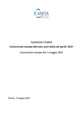 Comunicato Stampa Mercato Auto Italia Ad Aprile 2021