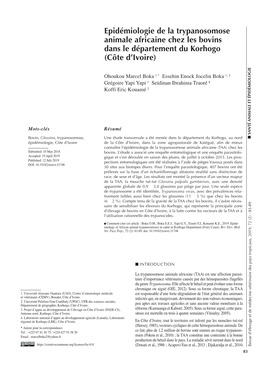 Epidémiologie De La Trypanosomose Animale Africaine Chez Les Bovins Dans Le Département Du Korhogo (Côte D'ivoire), Epidemi