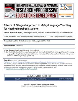 Effects of Bilingual Approach in Malay Language Teaching for Hearing Impaired Students