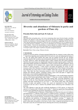 Diversity and Abundance of Odonata in Parks and Gardens of Pune City