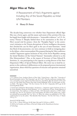 Alger Hiss at Yalta a Reassessment of Hiss’S Arguments Against Including Any of the Soviet Republics As Initial UN Members