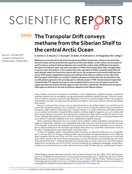 The Transpolar Drift Conveys Methane from the Siberian Shelf to the Central Arctic Ocean Received: 1 November 2017 E