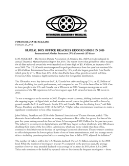 GLOBAL BOX OFFICE REACHES RECORD HIGH in 2010 International Market Increases 13%; Domestic 3D Soars