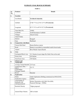 Patratu Coal Block Summary