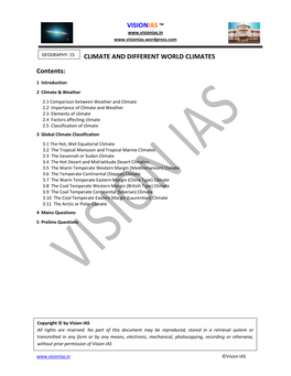 CLIMATE and DIFFERENT WORLD CLIMATES Contents