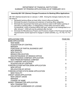 Department of Financial Institutions Summary of Pending Applications As of February 2013