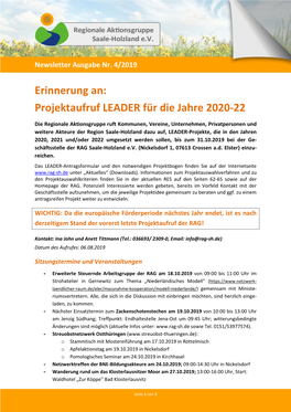 Erinnerung An: Projektaufruf LEADER Für Die Jahre 2020-22