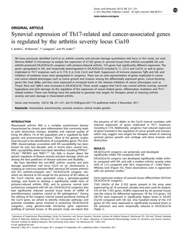 Synovial Expression of Th17-Related and Cancer-Associated Genes Is Regulated by the Arthritis Severity Locus Cia10