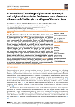 Ethnomedicinal Knowledge of Plants Used As Mono, Di and Polyherbal Formulation for the Treatment of Common Ailments and COVID-19 in the Villages of Hamedan, Iran