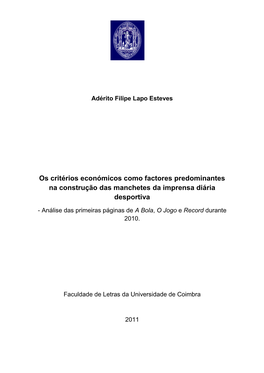 Os Critérios Económicos Como Factores Predominantes Na Construção Das Manchetes Da Imprensa Diária Desportiva