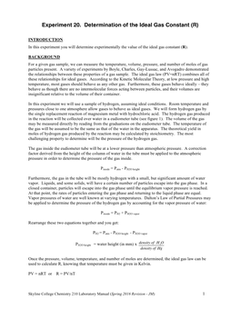 Experiment 20. Determination of the Ideal Gas Constant (R)