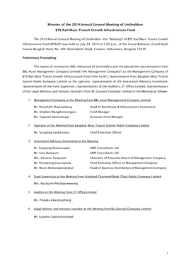 Minutes of the 2019 Annual General Meeting of Unitholders BTS Rail Mass Transit Growth Infrastructure Fund