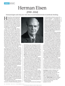 Herman Eisen (1918–2014) Immunologist and Educator Who Discovered Fundamentals of Antibody Binding