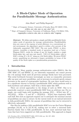 A Block-Cipher Mode of Operation for Parallelizable Message Authentication