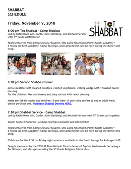 SHABBAT SCHEDULE Friday, November 9, 2018