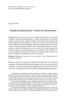 “Outside the Natural Order”: Temerl, the Female Hasid*