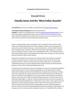 Donald Hines Claudia Jones and the 'West Indian Gazette'