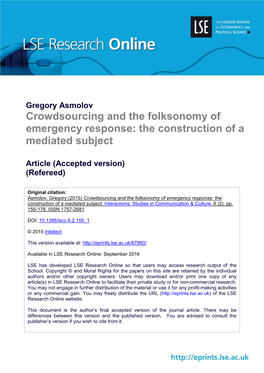 Crowdsourcing and the Folksonomy of Emergency Response: the Construction of a Mediated Subject