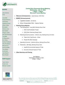 BOARD Staff Support Central Ohio Greenways Board Meeting Wednesday, July 15, 2020 1:30Pm