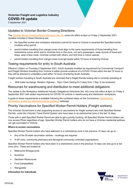 Victorian Freight and Logistics Industry COVID-19 Update 3 September 2021