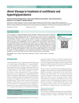 Ammi Visnaga in Treatment of Urolithiasis and Hypertriglyceridemia