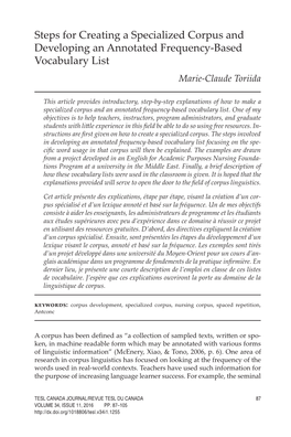 Steps for Creating a Specialized Corpus and Developing an Annotated Frequency-Based Vocabulary List Marie-Claude Toriida