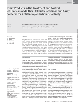 Plant Products in the Treatment and Control of Filariasis and Other Helminth Infections and Assay Systems for Antifilarial/Anthelmintic Activity