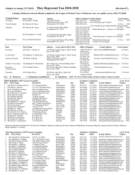 A Listing of Delaware Elected Officials Compiled by the League of Women Voters of Delaware, Inc