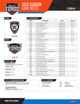 2021 Season Game Notes