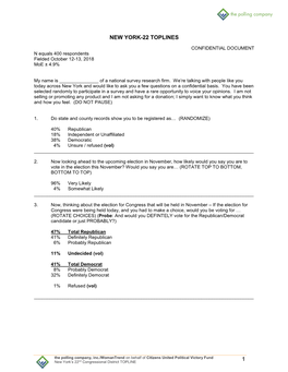 The Polling Company, Inc./Womantrend on Behalf of Citizens United Political Victory Fund 1 New York’S 22Nd Congressional District TOPLINE