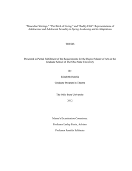 The Bitch of Living,” and “Bodily Filth”: Representations of Adolescence and Adolescent Sexuality in Spring Awakening and Its Adaptations