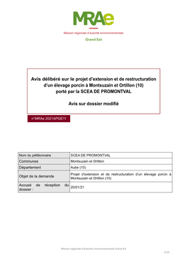 Porté Par La SCEA DE PROMONTVAL Avis Sur Dossier Modifié